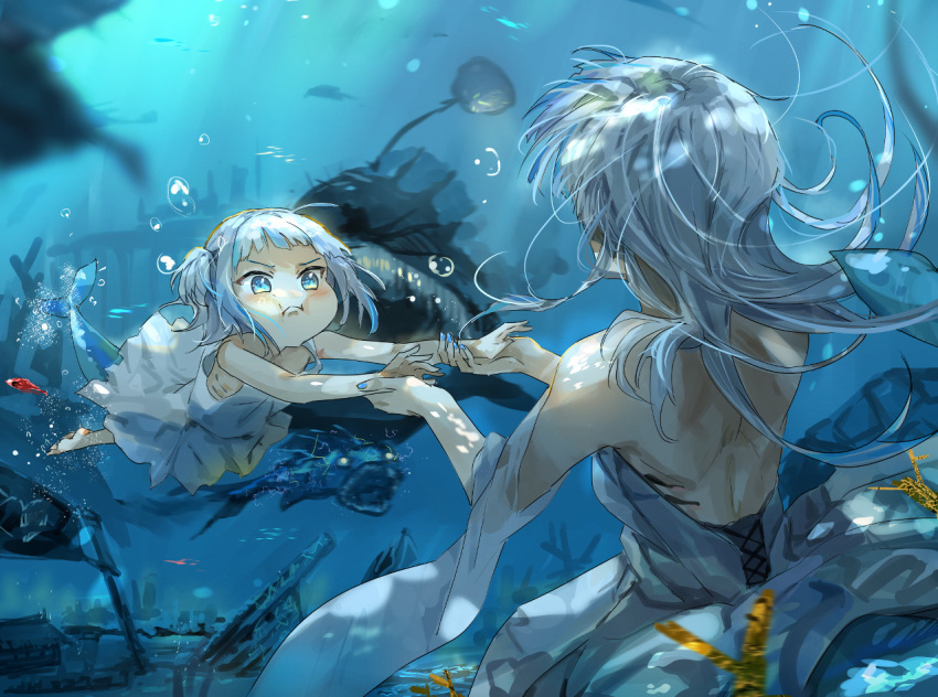 2girls aged_down air_bubble anglerfish backless_dress backless_outfit blue_hair blue_nails bubble commentary_request dress fish fish_tail funi_mu9 gawr_gura gills hand_grab holding_breath hololive hololive_english long_hair mama_shark_(gawr_gura) mother_and_daughter multiple_girls shark_girl shark_tail strapless strapless_dress swimming tail two_side_up underwater virtual_youtuber white_dress