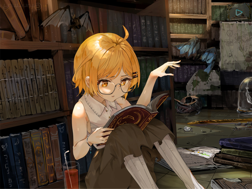 1girl ahoge animal bat_(animal) blonde_hair blouse book bookshelf broken_helmet commentary_request cup drinking_glass drinking_straw feathers funi_mu9 glass glass_container glasses hair_ornament hairclip helmet highres hololive indoors knees_up map open_book pants reading shirt short_hair sitting sleeveless sleeveless_shirt solo virtual_youtuber yellow_eyes yozora_mel