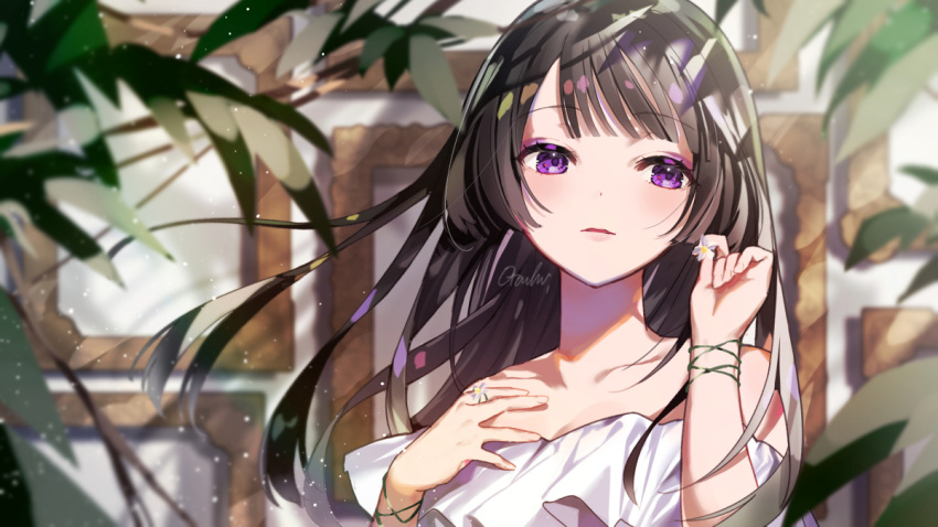 1girl bangle bangs black_hair blunt_bangs bracelet commentary dress flower hand_on_own_chest holding holding_flower jewelry leaf long_hair looking_at_viewer off-shoulder_dress off_shoulder original otoufu_(gotouhu) parted_lips picture_frame plant ring sidelocks signature solo violet_eyes white_dress