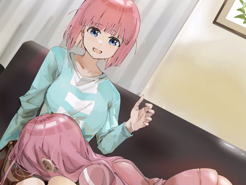 2girls bangs blue_eyes blue_shirt bocchi_the_rock! breasts collarbone couch curtains face_down funi_mu9 gotou_futari gotou_hitori highres lap_pillow long_hair lying medium_breasts messy_hair multiple_girls open_hand open_mouth picture_frame pink_hair pink_track_suit shirt short_hair skirt