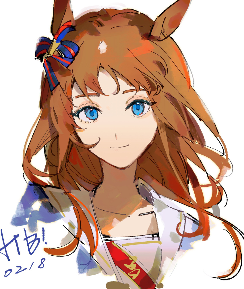 1girl absurdres animal_ears blue_eyes brown_hair closed_mouth dated ear_bow grass_wonder_(umamusume) happy_birthday highres hikawayunn horse_ears long_hair looking_at_viewer portrait sailor_collar simple_background smile solo umamusume white_background