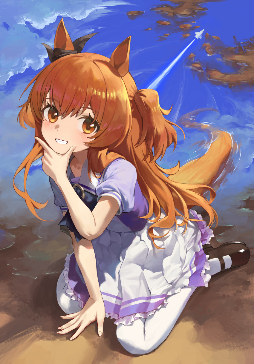 1girl :d absurdres aircraft airplane animal_ears black_footwear blue_sky blush brown_eyes brown_hair chobbb clouds contrail dress full_body grin hand_on_own_chin highres horse_ears horse_girl horse_tail kneeling long_hair looking_at_viewer mary_janes mayano_top_gun_(umamusume) pantyhose parted_lips puddle purple_dress reflection school_uniform shoes short_sleeves sky smile solo tail two-tone_dress two_side_up umamusume water white_dress white_pantyhose