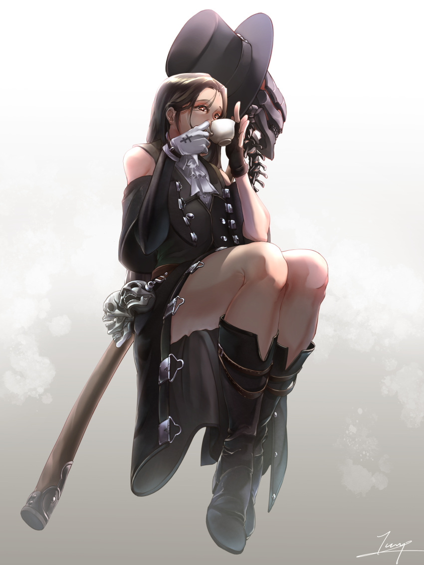 1other absurdres androgynous ascot asymmetrical_sleeves black_hair boots cup full_body guilty_gear guilty_gear_strive hat hat_removed headwear_removed highres holding holding_cup long_hair other_focus scythe teacup teppu_tora testament_(guilty_gear) top_hat