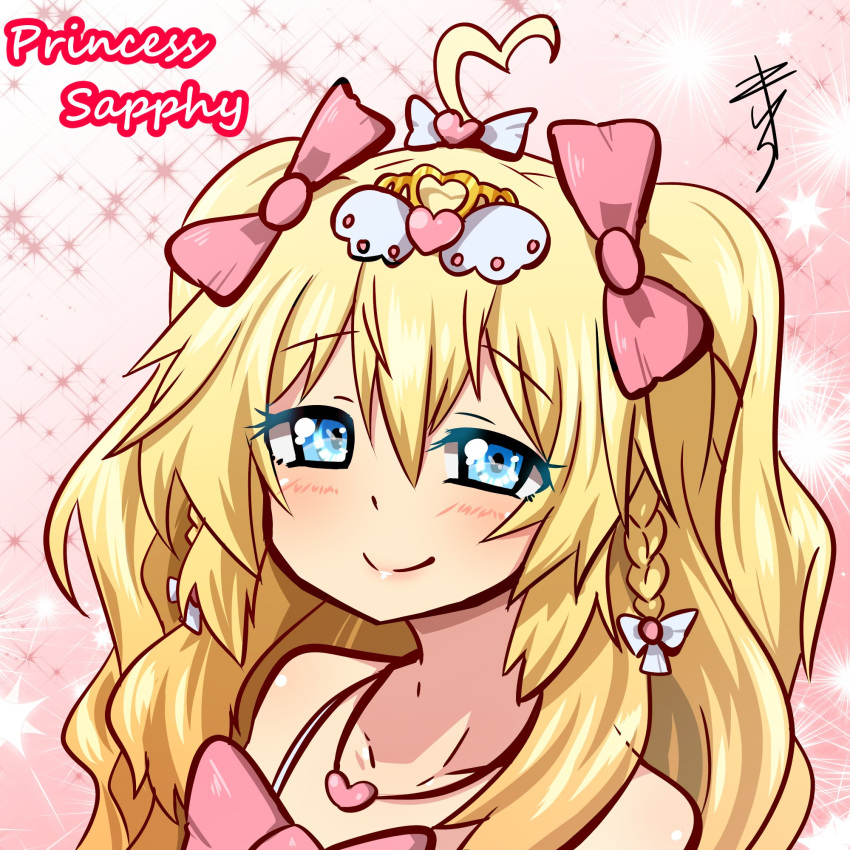 1girl ahoge bare_shoulders blonde_hair blue_eyes blush bow braid character_name collarbone commentary_request crown english_commentary hair_between_eyes hair_bow hair_ornament heart heart_necklace highres indie_virtual_youtuber jewelry long_hair looking_at_viewer maokyu mini_crown mixed-language_commentary necklace pink_background pink_bow portrait sapphy_stars signature smile solo sparkle_background twin_braids virtual_youtuber