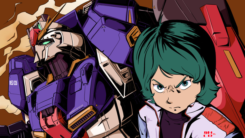 1boy absurdres closed_mouth commentary danny_blanton_75180 english_commentary green_eyes green_hair gundam highres jacket kamille_bidan looking_at_viewer mecha mobile_suit open_clothes open_jacket parody purple_shirt robot science_fiction shirt short_hair style_parody tengen_toppa_gurren_lagann ttgl_eyecatch upper_body v-fin v-shaped_eyebrows white_jacket zeta_gundam zeta_gundam_(mobile_suit)