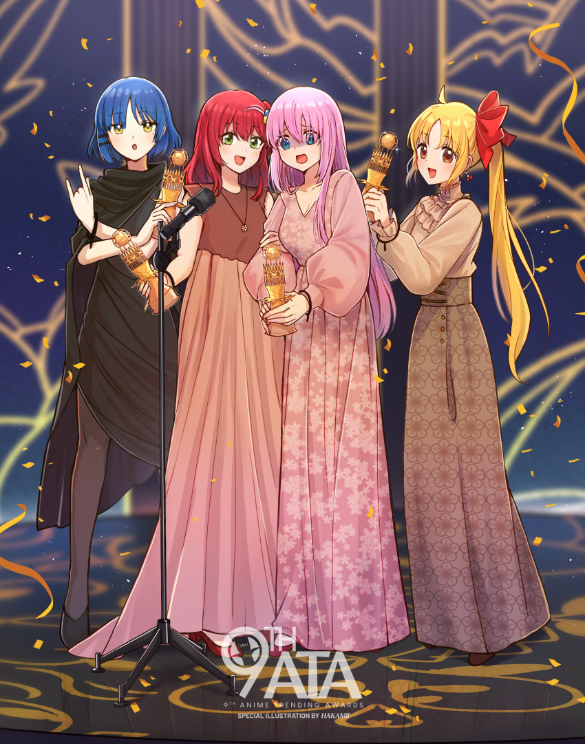 4girls \n/ absurdres ahoge black_dress black_pantyhose blonde_hair blue_hair bocchi_the_rock! cable_tie confetti cube_hair_ornament dress floral_print gotou_hitori hair_ornament hair_ribbon hakamii highres holding_trophy ijichi_nijika jewelry kita_ikuyo microphone microphone_stand multiple_girls pantyhose pendant pink_dress pink_hair print_dress red_ribbon redhead ribbon shaded_face stage trophy unmoving_pattern watermark yamada_ryou