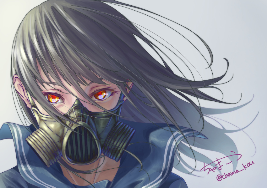 1girl absurdres artist_name bangs blue_sailor_collar brown_hair chama_kou close-up covered_mouth floating_hair grey_background hair_between_eyes highres looking_at_viewer original portrait red_pupils respirator sailor_collar signature solo twitter_username wind wind_lift yellow_eyes