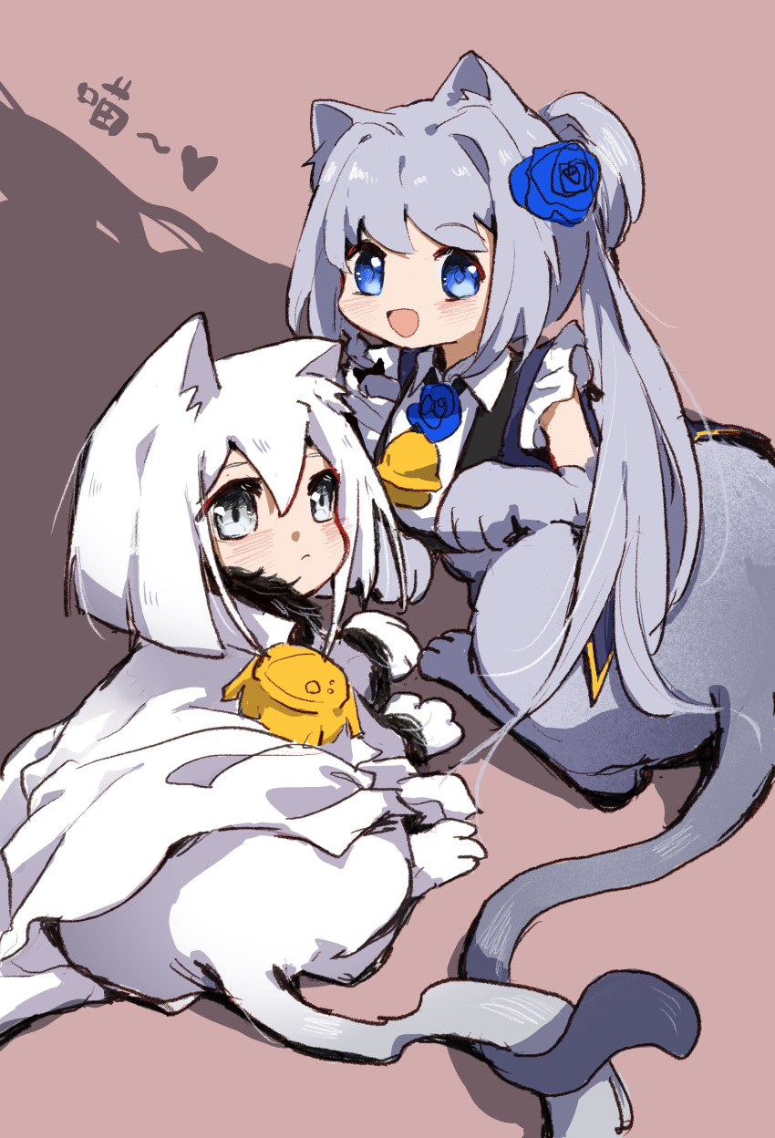 2girls :d absurdres bangs black_vest blue_eyes blue_flower blue_rose blunt_ends blush braid cape closed_mouth collared_shirt epaulettes flower frilled_sleeves frills from_behind fur-trimmed_cape fur-trimmed_sleeves fur_trim grey_eyes grey_fur grey_hair hair_between_eyes hair_flower hair_ornament heart high_collar highres izumi_kanagi long_sleeves looking_at_viewer lying magia_record:_mahou_shoujo_madoka_magica_gaiden magical_girl mahou_shoujo_madoka_magica moldy_edge multiple_girls neck_flower no_headwear no_nose open_mouth ponytail rose shirt short_hair short_sleeves side_braid sidelocks smile swept_bangs taur vest white_cape white_fur white_hair white_shirt yakumo_mitama