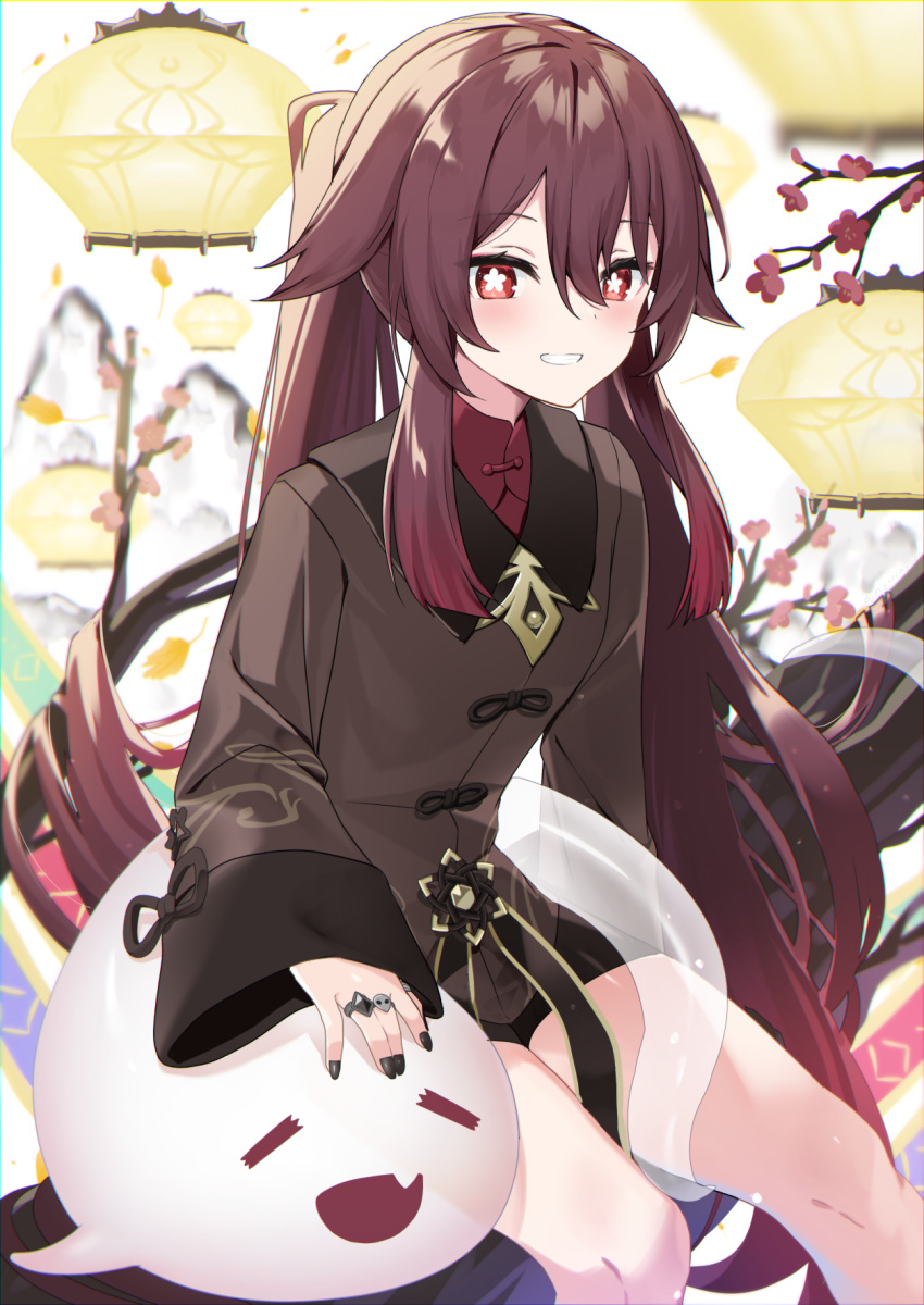 1girl :d =_= bangs black_nails black_shorts blurry blurry_background blush brown_jacket closed_eyes commentary_request depth_of_field fang flower-shaped_pupils genshin_impact ghost grin hair_between_eyes highres hu_tao_(genshin_impact) jacket jewelry long_hair long_sleeves looking_at_viewer nail_polish nyori red_eyes ring short_shorts shorts sitting sleeves_past_wrists smile solo symbol-shaped_pupils twintails very_long_hair wide_sleeves
