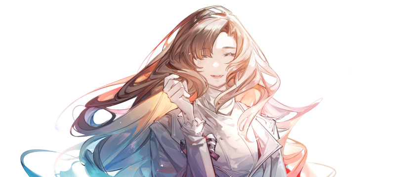 1girl :d ^_^ arknights bangs blush brown_hair character_request closed_eyes dongsheng facing_viewer floating_hair hair_over_one_eye hand_up highres jacket long_hair long_sleeves parted_bangs shirt simple_background smile solo very_long_hair white_background white_jacket white_shirt