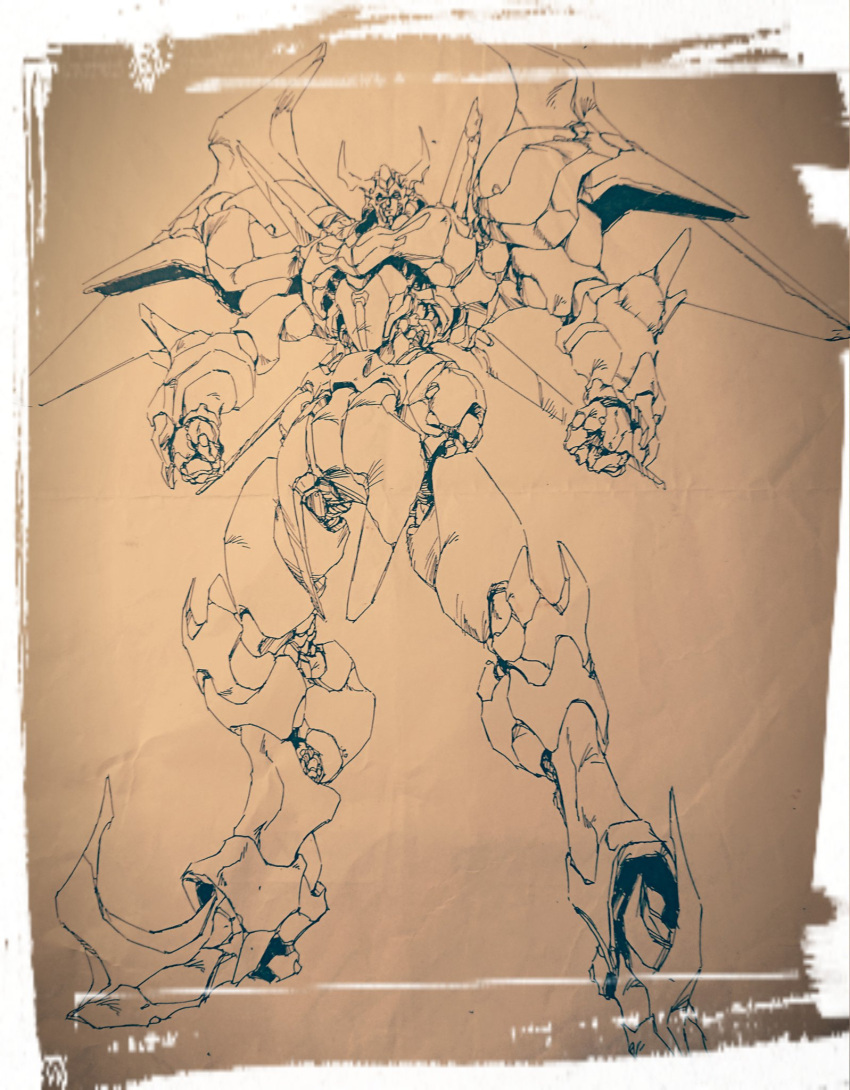 border brown_theme clenched_hands full_body gaiflame god_smasher_(gaiflame) highres lineart looking_up mecha monochrome no_humans official_art oobari_masami production_art robot science_fiction super_robot white_border