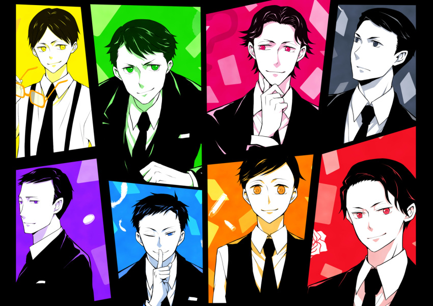 6+boys ? amari_(joker_game) bangs black_border black_hair black_jacket black_necktie black_suit black_vest blue_background blue_eyes blue_hair border breast_pocket closed_mouth collared_shirt colorful commentary eyewear_removed finger_to_mouth flower formal glasses green_background green_eyes grey_background grey_eyes hatano_(joker_game) holding holding_eyewear index_finger_raised jacket jitsui_(joker_game) joker_game kaminaga_(joker_game) kingyo_(984) lapels long_sleeves looking_ahead looking_at_viewer looking_to_the_side male_focus miyoshi_(joker_game) multiple_boys necktie notched_lapels odagiri_(joker_game) orange_background orange_eyes parted_hair pocket portrait purple_background red_background red_eyes rose sakuma_(joker_game) shirt short_hair shushing smile straight-on suit suit_jacket suspenders swept_bangs tazaki_(joker_game) upper_body very_short_hair vest violet_eyes waistcoat wavy_mouth white_flower white_rose white_shirt yellow-framed_eyewear yellow_background yellow_eyes