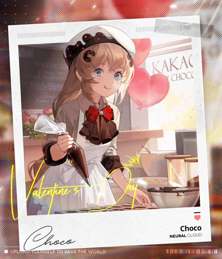 1girl :q apron artist_request baking blue_eyes bowl brown_shirt character_name choco_(girls'_frontline_nc) chocolate collared_shirt copyright_name cowboy_shot fnc_(girls'_frontline) girls'_frontline_neural_cloud girls_frontline hair_ornament hat highres holding indoors licking_lips light_brown_hair looking_at_viewer official_art pastry_bag polaroid shirt smile solo tongue tongue_out valentine white_apron white_headwear