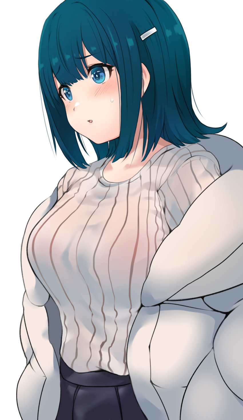 1girl absurdres blue_eyes blue_hair breasts coat coat_partially_removed dyson_(edaokunnsaikouya) hair_ornament hairclip highres kantai_collection large_breasts long_hair long_sleeves official_alternate_costume official_alternate_hairstyle open_clothes open_coat solo souryuu_(kancolle) sweater upper_body white_coat white_sweater wide_hips winter_clothes winter_coat