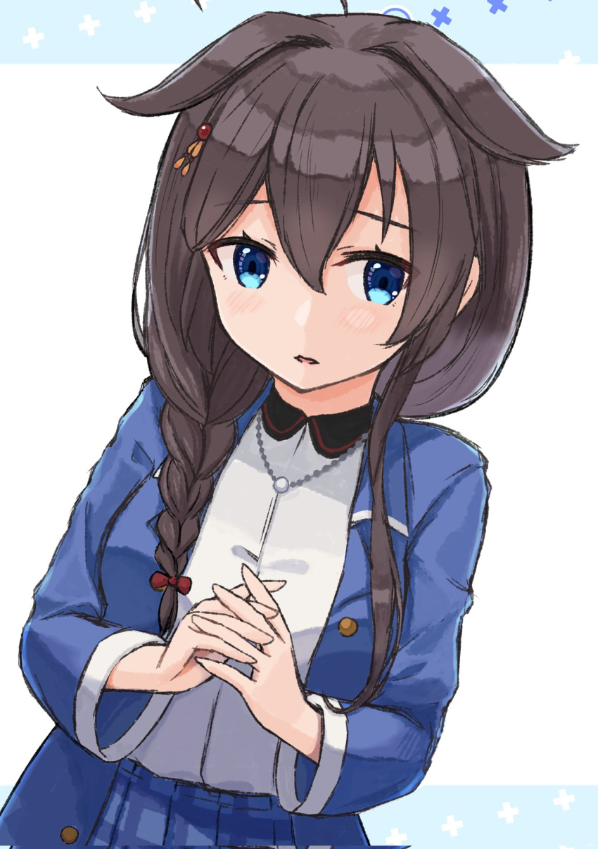 1girl ahoge black_hair blue_eyes blue_jacket braid collared_shirt commentary_request dress_shirt hair_flaps hair_ornament hair_over_shoulder highres jacket jewelry kantai_collection looking_at_viewer necklace official_alternate_costume own_hands_clasped own_hands_together poipoi_purin shigure_(kancolle) shigure_kai_ni_(kancolle) shigure_kai_san_(kancolle) shirt simple_background single_braid solo white_background white_shirt