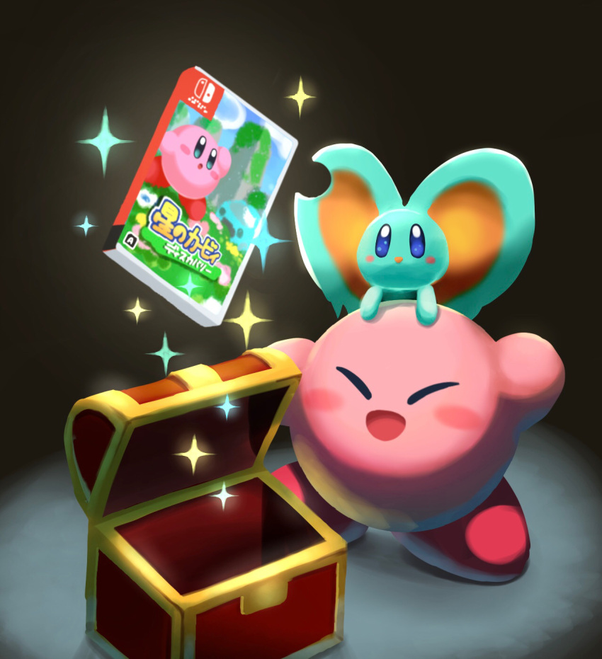 :d ^_^ arms_up aruco_co blue_eyes blush blush_stickers closed_eyes commentary_request dark_background elfilin happy highres kirby kirby_(series) kirby_and_the_forgotten_land no_humans open_mouth smile sparkle standing treasure_chest video_game
