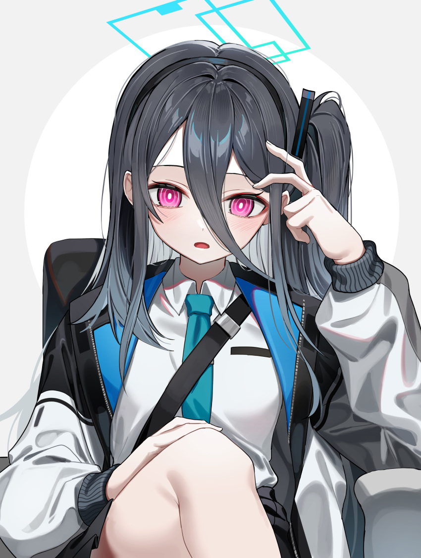 &lt;key&gt;_(blue_archive) 1girl absurdres aris_(blue_archive) bangs black_hairband black_jacket black_skirt blue_archive blush circle collared_shirt green_necktie grey_background grey_hair hair_between_eyes hair_over_shoulder hairband halo hand_on_own_face highres jacket knee_up long_hair long_sleeves looking_down multicolored_clothes multicolored_jacket necktie open_clothes open_jacket open_mouth pink_eyes pleated_skirt shirt side_ponytail sidelocks simple_background sitting skirt solo sugar_(dndi888) two-tone_jacket white_jacket white_shirt