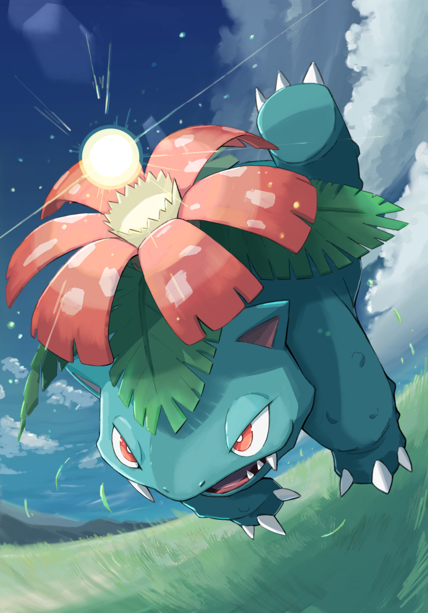blue_sky bright_pupils claws clouds commentary_request day fangs fisheye flower full_body grass highres leaf momota_pix mountain no_humans open_mouth outdoors pink_flower pokemon pokemon_(creature) red_eyes sharp_teeth sky teeth v-shaped_eyebrows venusaur white_pupils