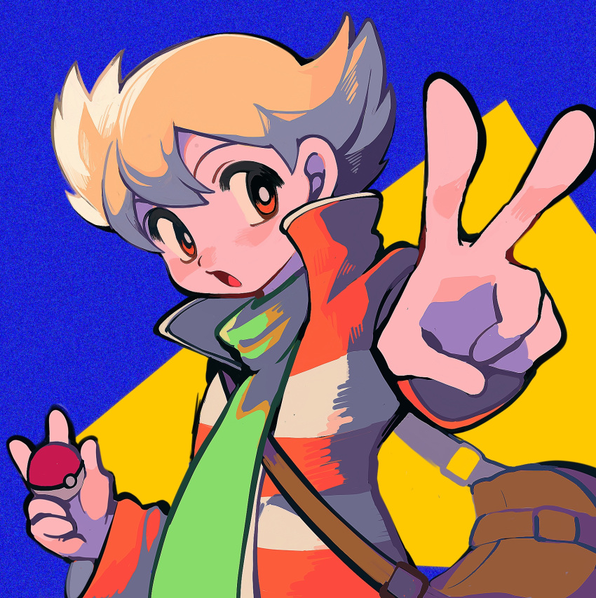 1boy :d bag bangs barry_(pokemon) blonde_hair bright_pupils brown_bag commentary_request green_scarf hair_between_eyes highres holding holding_poke_ball long_sleeves male_focus ok_ko19 open_mouth poke_ball poke_ball_(basic) pokemon pokemon_(game) pokemon_dppt pokemon_platinum scarf shoulder_bag smile solo tongue v white_pupils