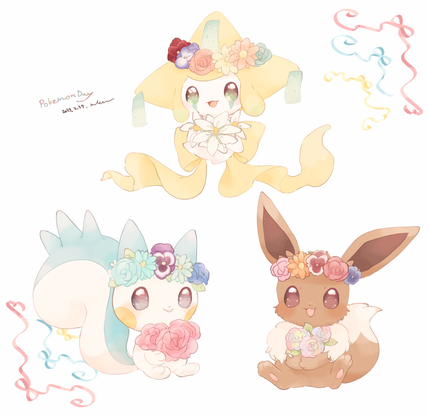 :d absurdres commentary_request copyright_name dated eevee flower flower_wreath highres holding holding_flower jirachi mkt_(buizu-miki) no_humans open_mouth pachirisu pink_flower pokemon pokemon_(creature) ribbon signature smile white_background white_flower