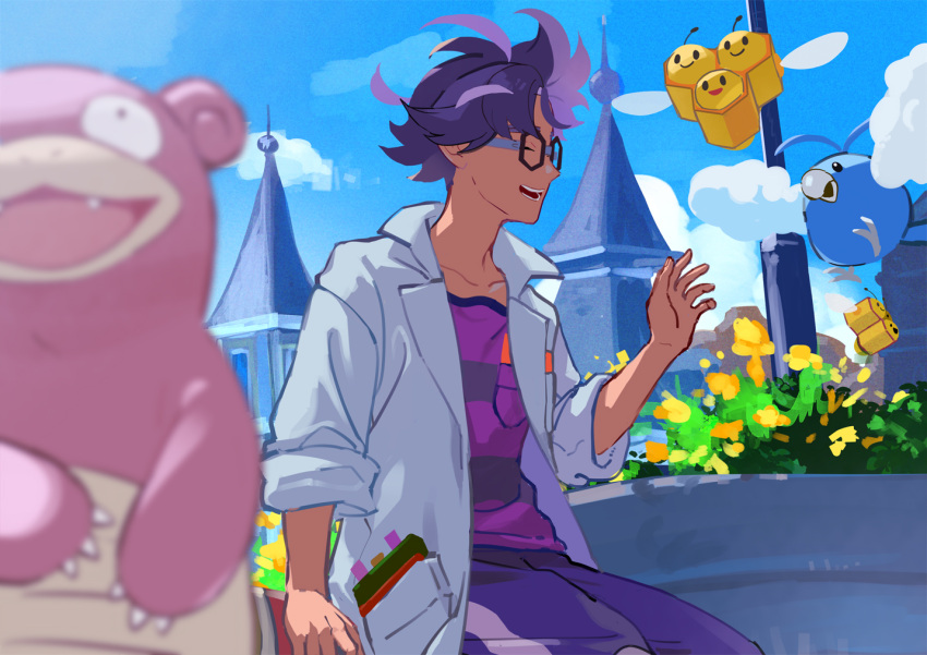 1boy :d bangs black-framed_eyewear breast_pocket building closed_eyes clouds coat combee commentary_request day flower hand_up jacq_(pokemon) male_focus mikami open_clothes open_coat outdoors pants pocket pokemon pokemon_(creature) pokemon_(game) pokemon_sv purple_hair purple_pants purple_shirt shirt short_hair sitting sky slowbro smile striped striped_shirt swablu teeth