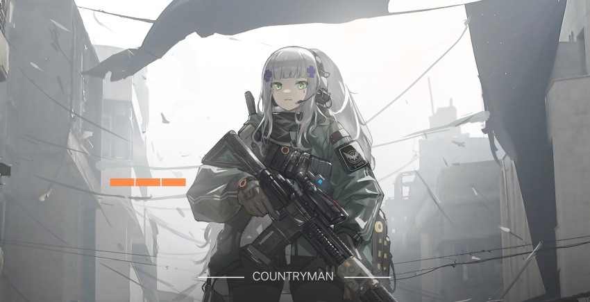 1girl absurdres agent_416_(girls'_frontline) artist_name assault_rifle bangs black_gloves blunt_bangs countryman_(artist) cowboy_shot facial_mark girls_frontline gloves green_eyes green_jacket grey_hair gun h&amp;k_hk416 hair_ornament headset highres hk416_(girls'_frontline) holding holding_gun holding_weapon jacket looking_at_viewer outdoors ponytail rifle scope solo standing tactical_clothes tom_clancy's_the_division trigger_discipline weapon