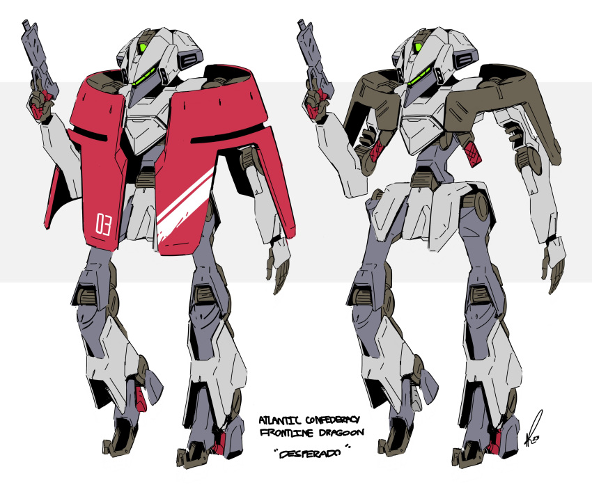 2023 absurdres alex_(apdoodles) assault_visor character_name english_commentary full_body gun highres holding holding_gun holding_weapon mecha no_humans open_hand original robot science_fiction signature variations weapon