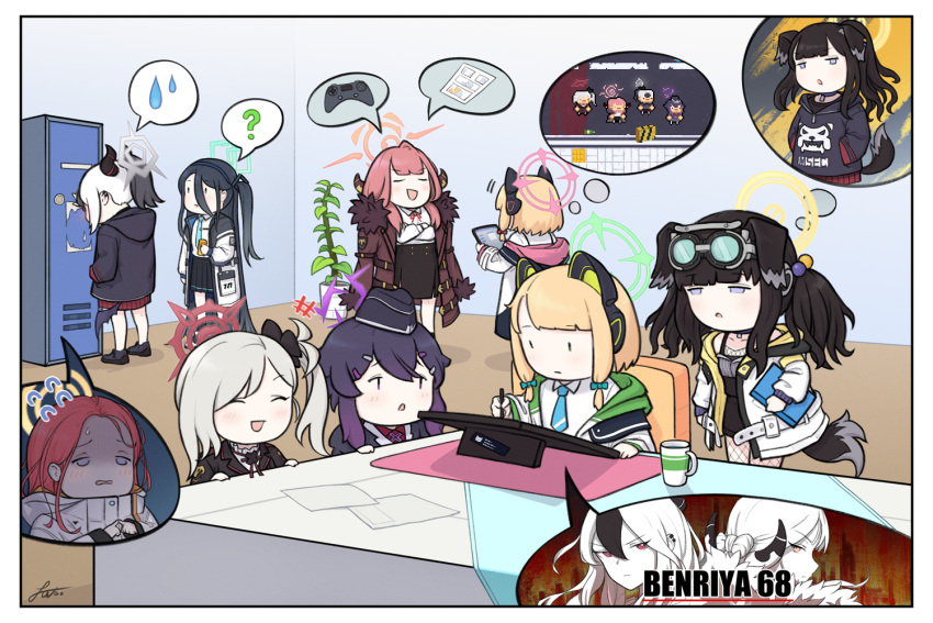 6+girls ? absurdly_long_hair animal_ear_headphones animal_ears aris_(blue_archive) art_shift aru_(blue_archive) bangs black_hair black_skirt blonde_hair blue_archive blunt_bangs bow bowtie braid cat_ear_headphones chibi choker coat coat_on_shoulders collarbone collared_shirt commentary_request controller crossed_arms demon_girl demon_horns demon_wings desk dog_ears dog_girl dog_tail drawing drawing_tablet ear_piercing fake_animal_ears forehead fur-trimmed_coat fur_trim game_controller goggles goggles_on_head gradient_hair grey_hair hair_between_eyes hair_ornament hairclip halo haruka_(blue_archive) headphones hibiki_(blue_archive) holding holding_stylus hood hooded_coat hooded_jacket hooded_sweater horns jacket jpark kayoko_(blue_archive) locker long_hair long_sleeves looking_at_another manga_(object) midori_(blue_archive) military military_uniform momoi_(blue_archive) multicolored_hair multiple_girls mutsuki_(blue_archive) necktie nervous one_side_up parted_bangs pencil_skirt piercing pixelated plaid plaid_skirt plant pleated_skirt ponytail potted_plant purple_hair redhead school_uniform shirt short_hair short_hair_with_long_locks short_sleeves side_ponytail side_slit sidelocks single_braid single_wing skirt sleeveless spoken_character spoken_object spoken_question_mark spoken_sweatdrop stylus suspenders sweatdrop sweater table tablet_pc tail thought_bubble two-tone_hair uniform very_long_hair white_hair wings yuzu_(blue_archive)