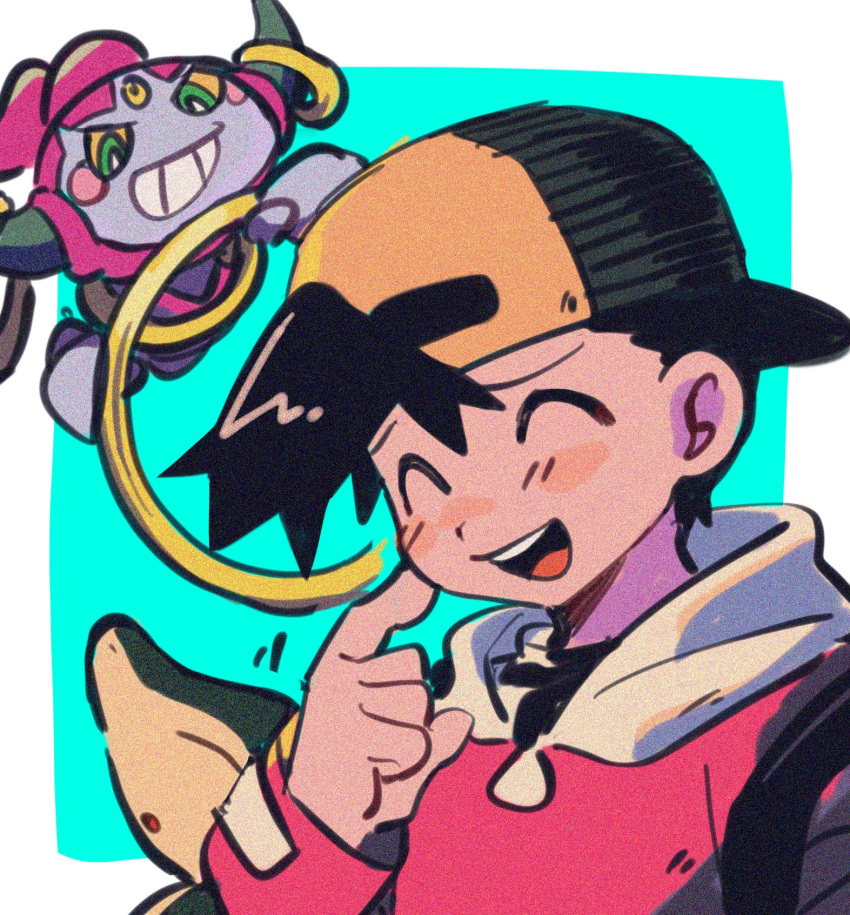 1boy :d :o ^_^ backwards_hat bangs black_hair black_headwear black_shirt blush_stickers closed_eyes commentary_request cyndaquil ethan_(pokemon) film_grain green_background hand_up hat highres hoopa hoopa_(confined) index_finger_raised jacket long_sleeves male_focus ok_ko19 open_mouth pink_jacket pokemon pokemon_(game) pokemon_gsc shirt short_hair smile teeth tongue upper_teeth_only