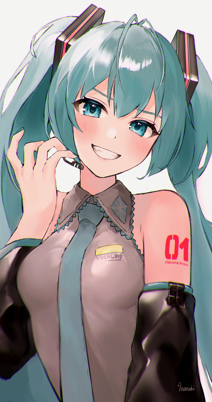 &gt;:) 1girl absurdres antenna_hair arm_tattoo bangs bare_shoulders between_breasts black_sleeves blush breasts character_name commentary copyright_name detached_sleeves eyebrows_hidden_by_hair eyelashes fang green_eyes green_hair green_necktie grey_vest grin hair_between_eyes hand_up hatsune_miku head_tilt highres long_hair looking_at_viewer medium_breasts necktie necktie_between_breasts number_tattoo sidelocks signature simple_background smile solo tananuki tattoo teeth twintails upper_body v-shaped_eyebrows very_long_hair vest vocaloid white_background