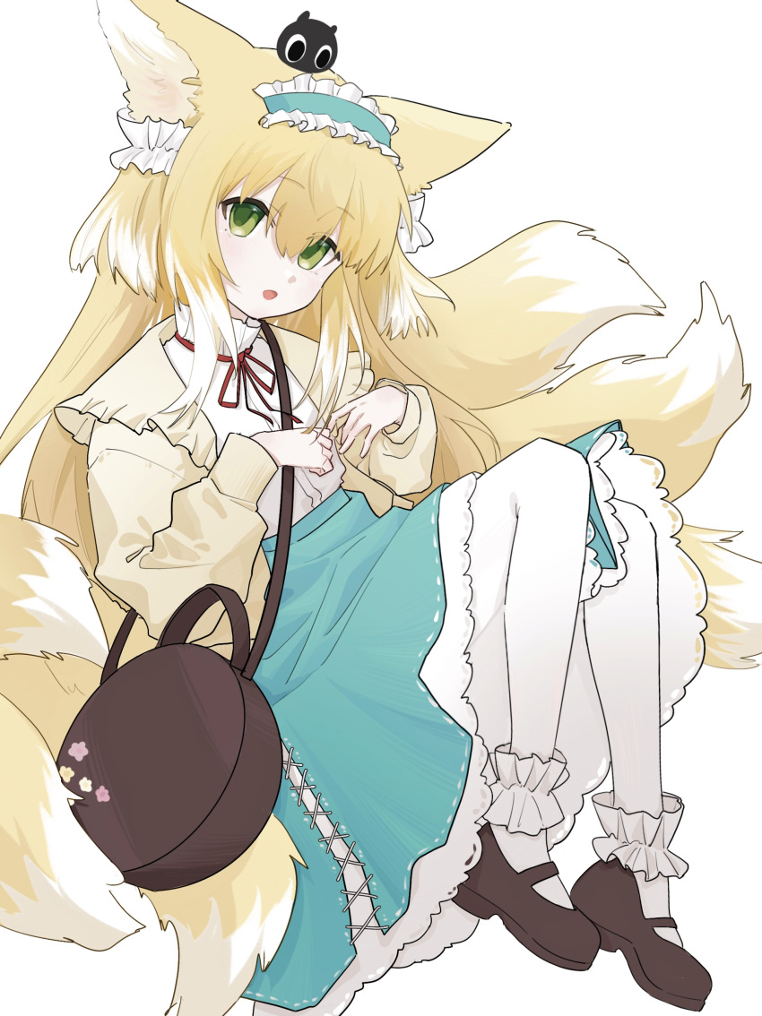 1girl absurdres animal_ears arknights bag bangs black_footwear blue_hairband blue_skirt brown_jacket commentary_request crossover fox_ears fox_girl fox_tail frilled_hairband frills full_body green_eyes hair_between_eyes hairband hands_up heixiu highres jacket kitsune knees_up long_sleeves looking_at_viewer neck_ribbon on_head open_clothes open_jacket open_mouth pantyhose puffy_long_sleeves puffy_sleeves red_(aba02) red_ribbon ribbon shirt shoes shoulder_bag simple_background skirt sleeves_past_wrists suzuran_(arknights) suzuran_(spring_praise)_(arknights) tail the_legend_of_luo_xiaohei white_background white_pantyhose white_shirt