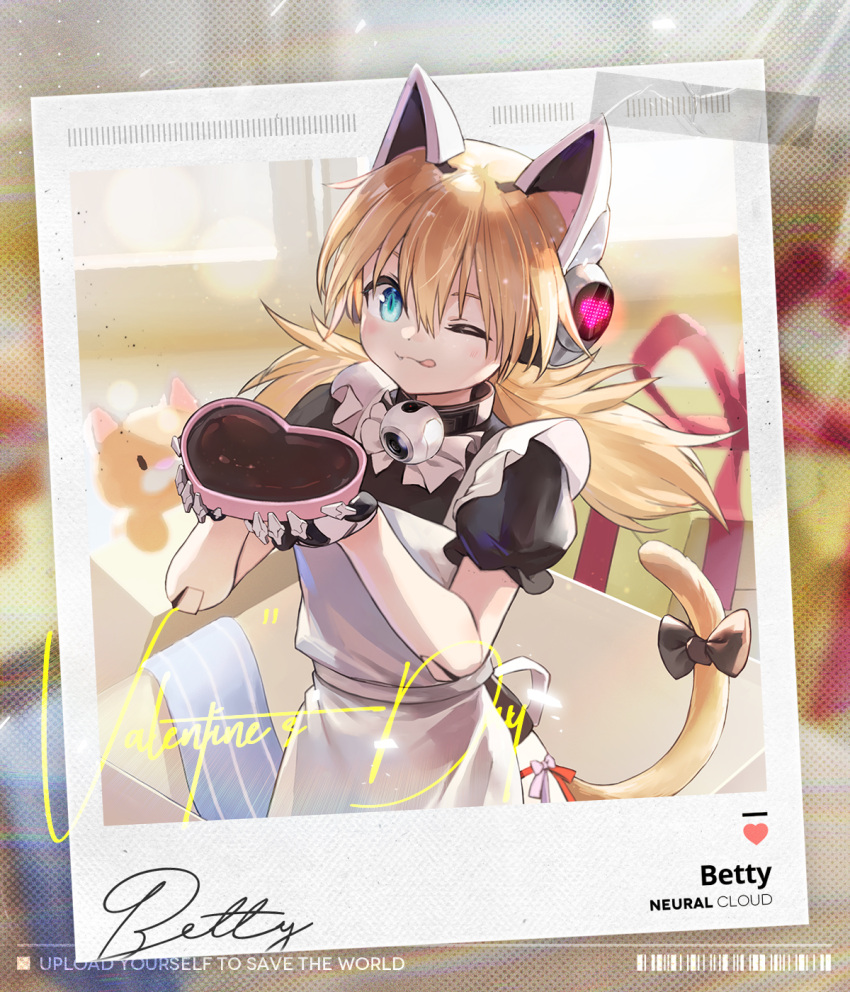 1girl :3 animal_ears apron artist_request betty_(girls'_frontline_nc) black_shirt blonde_hair blue_eyes bow candy cat_ears cat_tail character_name chocolate copyright_name fake_animal_ears fang food frilled_apron frills girls'_frontline_neural_cloud girls_frontline hair_between_eyes heart heart-shaped_chocolate highres holding idw_(girls'_frontline) long_hair looking_at_viewer mechanical_hands official_art one_eye_closed polaroid puffy_sleeves shirt short_sleeves smile solo tail tail_bow tail_ornament tongue twintails upper_body valentine white_apron