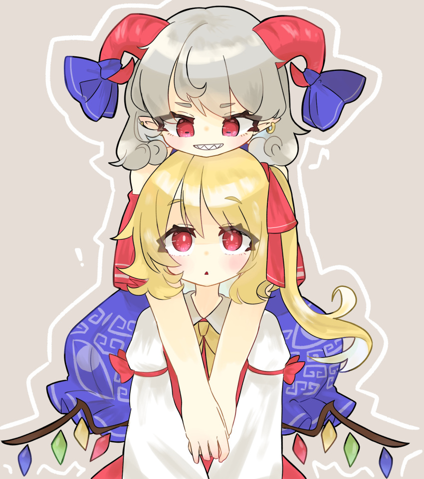 ! 2girls blonde_hair blush breasts crystal curly_hair earrings flandre_scarlet grey_background grey_hair highres horns hug hug_from_behind jewelry long_sleeves looking_at_another multiple_girls ponytail red_eyes sheep_girl sheep_horns side_ponytail small_breasts touhou toutetsu_yuuma user_tppj4775 wings