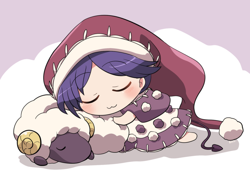 1girl animal barefoot black_capelet black_dress blue_hair blush capelet closed_eyes closed_mouth doremy_sweet dress full_body hat multicolored_clothes multicolored_dress nightcap pom_pom_(clothes) red_headwear rokugou_daisuke sheep short_hair signature sleeping solo tail tapir_tail touhou white_dress