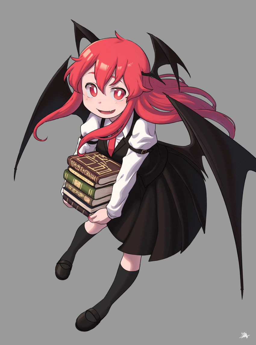 1girl :d absurdres bangs bat_wings bbyong403 book book_stack bright_pupils eyebrows_hidden_by_hair fang floating_hair from_above full_body grey_background hair_between_eyes head_wings highres holding holding_book kneehighs koakuma light_blush long_hair long_sleeves looking_at_viewer nail_polish necktie red_eyes red_nails red_necktie redhead shirt shoes simple_background skirt smile socks solo touhou very_long_hair vest white_pupils wings