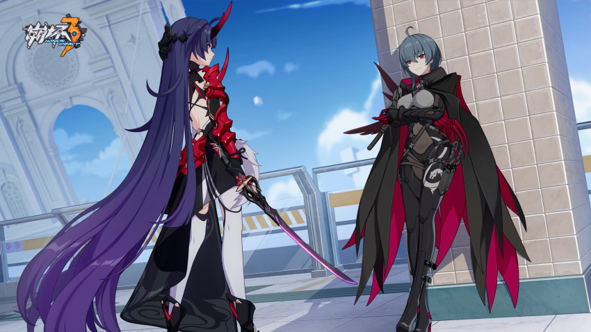 2girls ahoge armor bangs crossed_arms highres holding holding_sword holding_weapon honkai_(series) honkai_impact_3rd horns japanese_armor japanese_clothes long_hair multiple_girls official_art official_wallpaper raiden_mei raiden_mei_(herrscher_of_thunder) raven_(honkai_impact) red_horns sword very_long_hair weapon