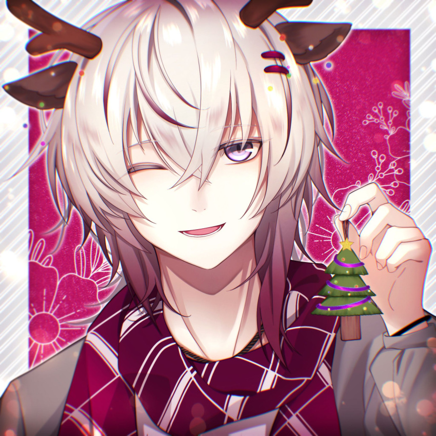 1boy animal_ears antlers border christmas_ornaments christmas_tree collar_x_malice deer_ears grey_hair highres jewelry looking_at_viewer male_focus multicolored_hair necklace okazaki_kei one_eye_closed open_mouth red_background red_scarf redhead reindeer_antlers reindeer_boy scarf short_hair smile solo striped striped_scarf tiboom violet_eyes white_border white_hair white_scarf