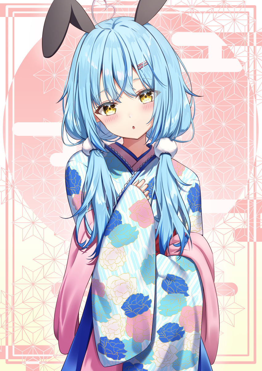 1girl :o absurdres ahoge animal_ears bangs blue_hair blue_hakama blue_kimono colored_tips commentary fake_animal_ears floral_print hair_between_eyes hair_ornament hairclip hakama hakama_skirt heads_together heart heart_ahoge highres hitotsume_witch_(forest_of_blue_skin) hololive japanese_clothes kag_tsukimi kimono long_hair looking_at_viewer low_twintails multicolored_hair official_alternate_hair_length official_alternate_hairstyle parted_lips pink_shawl pom_pom_(clothes) pom_pom_hair_ornament print_kimono rabbit_ears shawl skirt solo streaked_hair twintails virtual_youtuber yellow_eyes yukihana_lamy