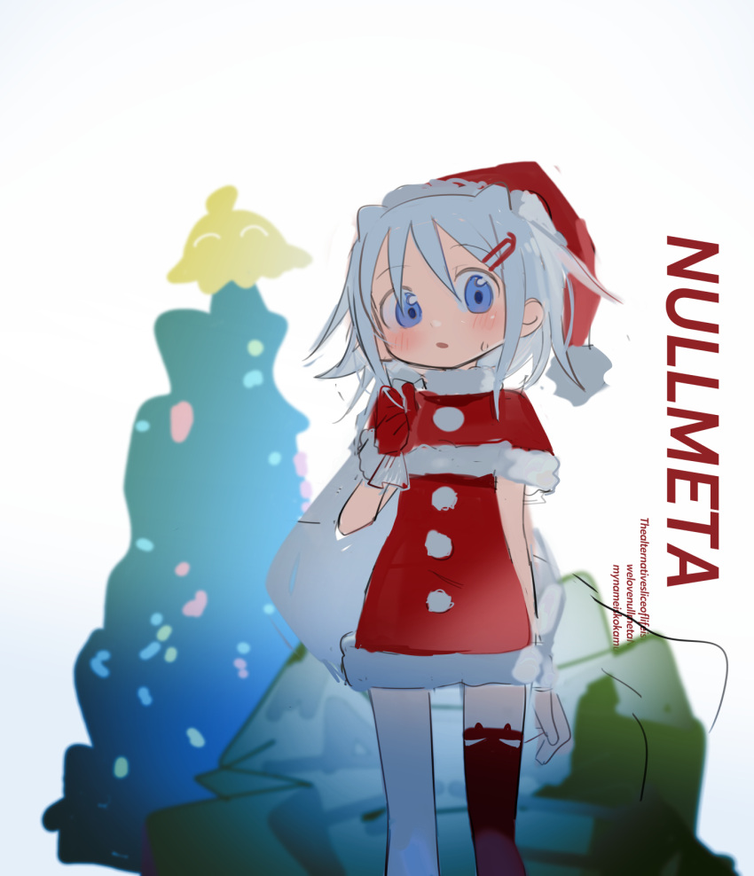 1girl artist_name bangs blue_eyes blurry blurry_background blush capelet carrying_over_shoulder christmas christmas_tree copyright_name dress english_text fake_horns feet_out_of_frame fur-trimmed_capelet fur_trim gloves hair_horns hair_ornament hairclip hand_up hat highres holding holding_sack horns kokaki_mumose looking_at_viewer null-meta open_mouth red_capelet red_dress red_gloves red_thighhighs sack santa_costume santa_hat short_dress single_glove single_thighhigh sketch solo standing sweatdrop takada_shiyuki thigh-highs white_hair