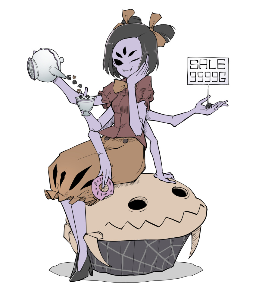 1girl arthropod_girl black_footwear black_hair breasts bug closed_mouth colored_skin cup doughnut dress extra_arms extra_ears extra_eyes fangs food full_body high_heels highres holding holding_cup medium_breasts medium_dress muffet muffet's_pet one_eye_closed peroponesosu. purple_skin sale short_hair sign sitting sitting_on_animal spider spider_girl teacup teapot undertale