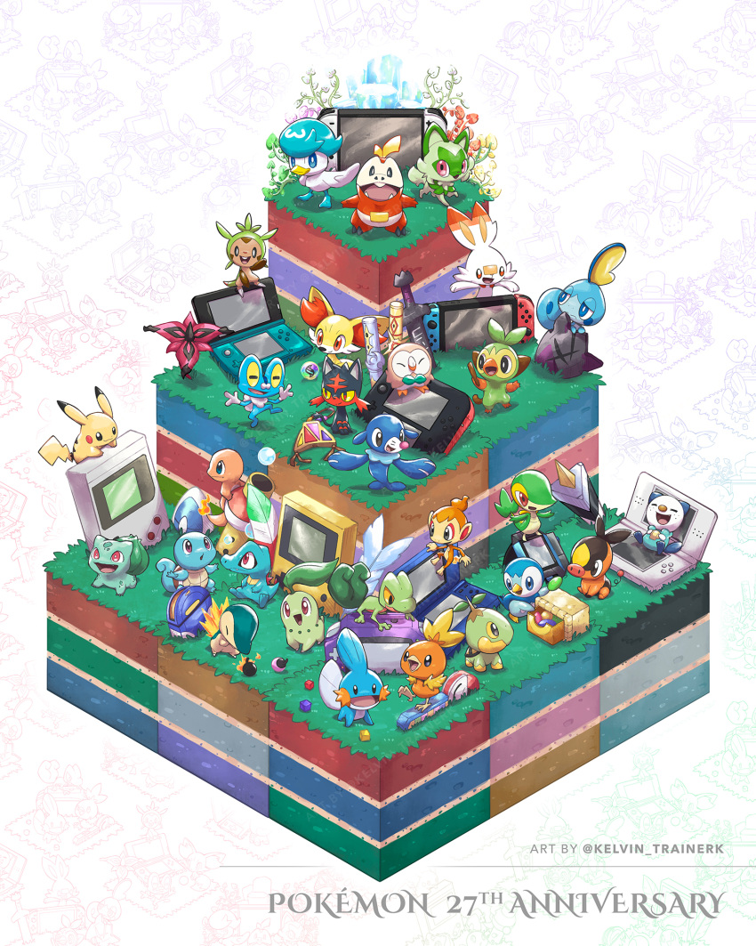 :d anniversary apricorn artist_name bird black_eyes blue_eyes breathing_fire bright_pupils bubble bulbasaur charmander chespin chikorita chimchar closed_eyes closed_mouth commentary crystal cyndaquil english_commentary fang fang_out fangs fennekin fire flame-tipped_tail flower flute froakie frown fuecoco game_boy game_boy_(original) game_boy_advance game_boy_color grass grey_eyes grookey handheld_game_console highres holding instrument kelvin-trainerk leg_up litten looking_at_viewer looking_up mega_stone moon_flute_(pokemon) mudkip nintendo_2ds nintendo_3ds nintendo_ds nintendo_ds_lite nintendo_switch no_humans open_mouth orange_eyes orb oshawott pikachu pink_eyes pink_flower piplup plant poke_flute pokeblock pokeblock_case pokegear pokemon pokemon_(creature) popplio quaxly rainbow_wing_(pokemon) red_eyes rowlet scorbunny shield silver_wing_(pokemon) sitting smile snivy sobble split_mouth sprigatito squirtle standing standing_on_one_leg starter_pokemon_trio sun_flute_(pokemon) sword tepig tongue torchic totodile treecko turtwig twitter_username vs_seeker watermark weapon white_background white_pupils xtransceiver