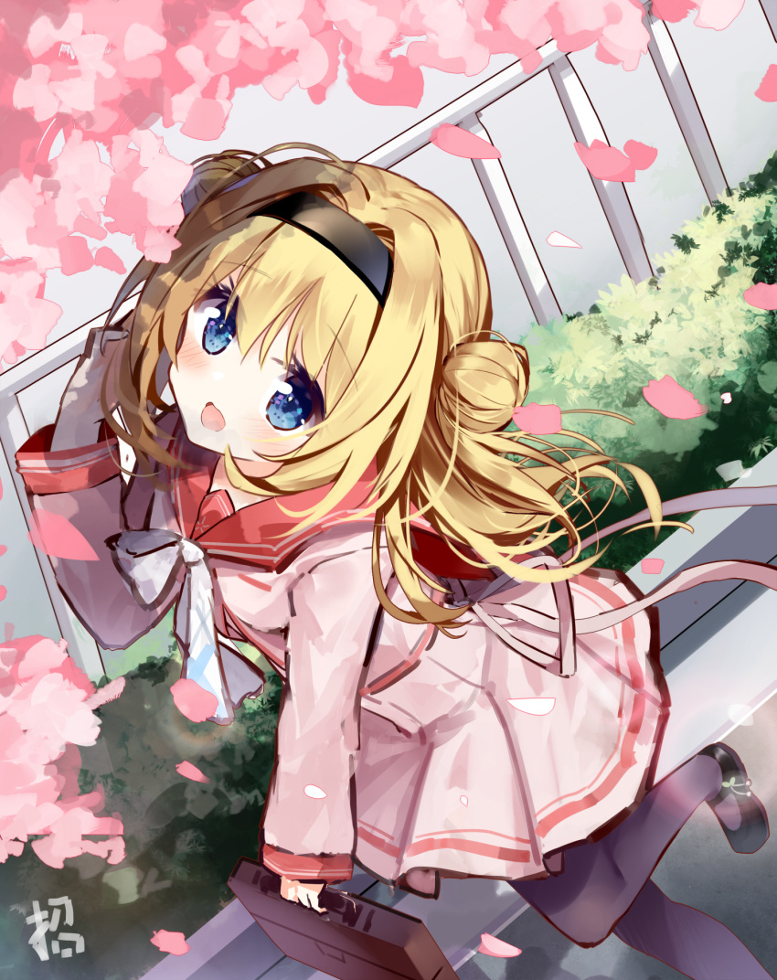 1girl :d bangs black_footwear black_hairband black_thighhighs blonde_hair blue_eyes blush breasts cherry_blossoms chinese_commentary chitose_sana commentary_request double_bun eyelashes falling_petals fence hair_between_eyes hair_bun hair_intakes hairband head_tilt highres long_hair long_sleeves looking_at_flowers looking_up mary_janes open_mouth outdoors partial_commentary path petals pink_shirt pink_skirt pleated_skirt red_sailor_collar ribbon sailor_collar school_uniform shirt shoes sidelocks signature skirt small_breasts smile solo standing standing_on_one_leg tenshinranman thigh-highs walking white_ribbon zhao_(pixiv12947327)