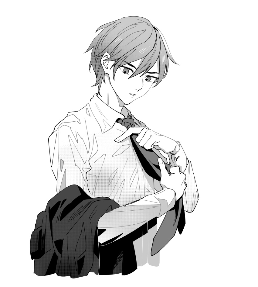 1boy collared_shirt commentary_request girls_frontline greyscale highres holding holding_clothes holding_jacket jacket light_(girls'_frontline) long_sleeves looking_down male_focus monochrome morisenn necktie parted_lips shirt short_hair simple_background tying_tie upper_body white_background