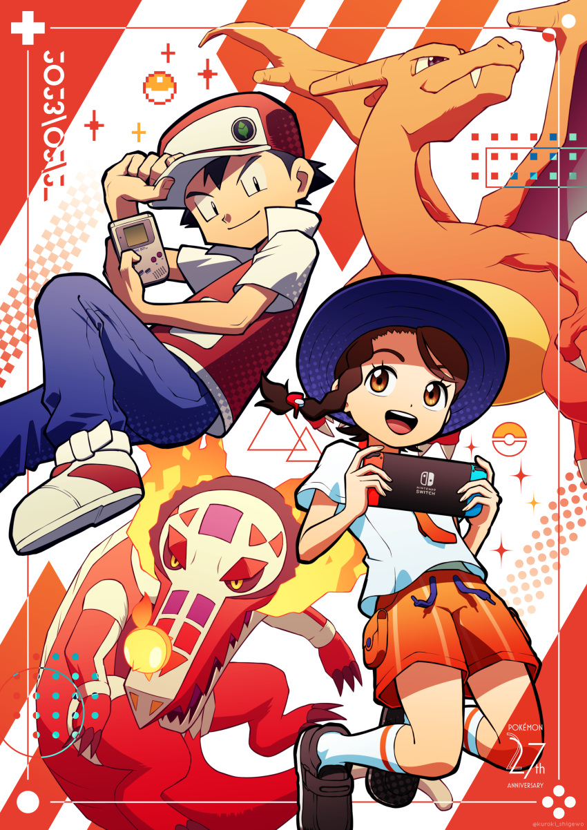 1boy 1girl :d absurdres anniversary baseball_cap black_eyes black_hair black_shirt blue_eyes blue_headwear braid brown_eyes brown_hair charizard closed_mouth dated denim fangs fangs_out game_boy game_boy_(original) grey_shirt handheld_game_console hat highres holding holding_clothes holding_handheld_game_console holding_hat jacket jeans juliana_(pokemon) kuroki_shigewo looking_at_another looking_at_viewer necktie nintendo_switch open_mouth orange_necktie pants poke_ball pokemon pokemon_(creature) pokemon_(game) pokemon_rgby pokemon_sv red_(pokemon) red_headwear red_jacket school_uniform shirt shoes short_hair short_sleeves single_braid skeledirge smile socks teeth upper_teeth_only uva_academy_(emblem) uva_academy_school_uniform white_background white_socks yellow_eyes