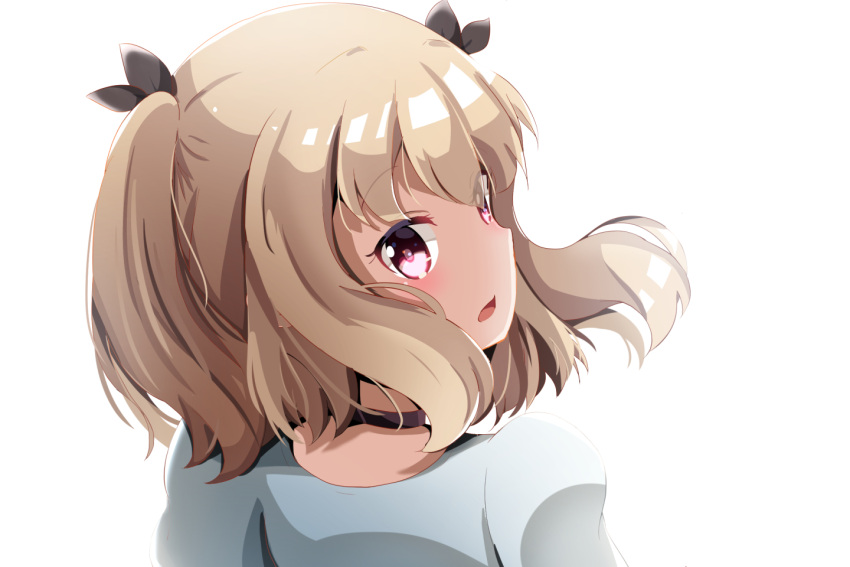 1girl aqua_shirt bad_id bad_pixiv_id bangs black_choker black_ribbon blonde_hair blush brown_eyes choker from_behind hair_between_eyes hair_ribbon head_tilt iijima_yun looking_at_viewer medium_hair new_game! open_mouth parted_bangs ponyaru ribbon shirt sidelocks simple_background solo twintails upper_body white_background