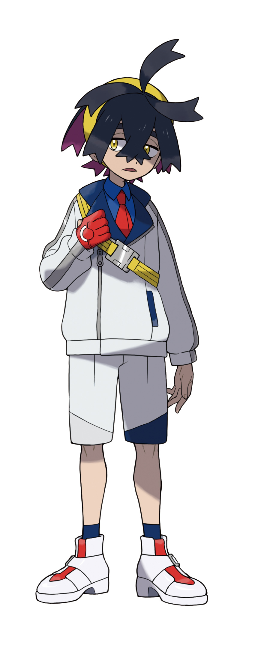 1boy absurdres arm_at_side artist_request bangs black_hair blue_shirt blue_socks collared_shirt colored_inner_hair full_body gloves hair_between_eyes half-closed_eyes hand_up highres jacket kieran_(pokemon) long_sleeves looking_to_the_side male_focus mole mole_on_neck multicolored_hair necktie official_art open_mouth outline parted_bangs partially_fingerless_gloves pokemon purple_hair red_gloves red_necktie shirt shoes short_hair shorts sidelocks simple_background single_glove socks solo standing strap transparent_background two-tone_hair white_footwear white_jacket white_outline white_shorts yellow_eyes zipper_pull_tab