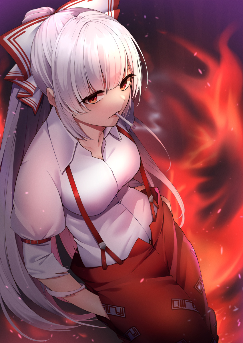 1girl absurdres bad_anatomy bad_arm bow cigarette collared_shirt fujiwara_no_mokou hair_bow hands_in_pockets highres keenii_(kenny86) long_hair pants red_eyes red_pants shirt sleeve_garter smoking solo suspenders torn_clothes torn_sleeves touhou white_bow white_hair white_shirt