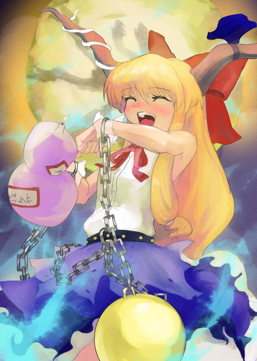 1girl bangs blonde_hair blush bow breasts brown_horns chain closed_eyes commentary_request cowboy_shot drunk gourd hair_between_eyes hair_bow highres horn_ornament horn_ribbon horns ibuki_suika long_hair mizuki_0630 open_mouth orb purple_ribbon purple_skirt red_bow ribbon shirt sidelocks skirt sleeveless sleeveless_shirt small_breasts smile solo teeth tongue touhou upper_teeth_only very_long_hair white_shirt wrist_cuffs