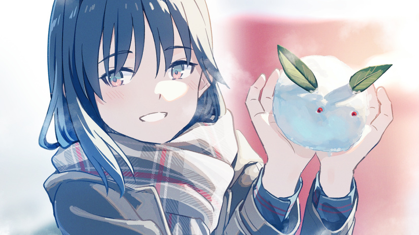 1girl black_hair black_jacket blurry blurry_background breath depth_of_field enpera grey_scarf grin hands_up highres holding jacket long_hair long_sleeves looking_at_viewer nonono_(nononotea) original plaid plaid_scarf red_eyes scarf smile snow_rabbit solo upper_body