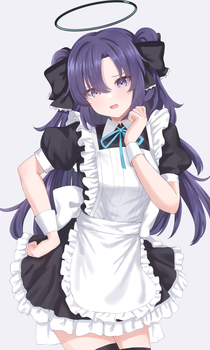 1girl absurdres akazaki_yukino alternate_costume apron bangs black_bow black_dress black_thighhighs blue_archive blush bow commentary_request dress enmaided frilled_apron frilled_dress frills grey_background hair_bow halo hand_on_hip highres long_hair looking_at_viewer maid maid_apron open_mouth parted_bangs puffy_short_sleeves puffy_sleeves purple_hair short_sleeves sidelocks simple_background solo thigh-highs twintails two_side_up violet_eyes white_wrist_cuffs wrist_cuffs yuuka_(blue_archive) zettai_ryouiki